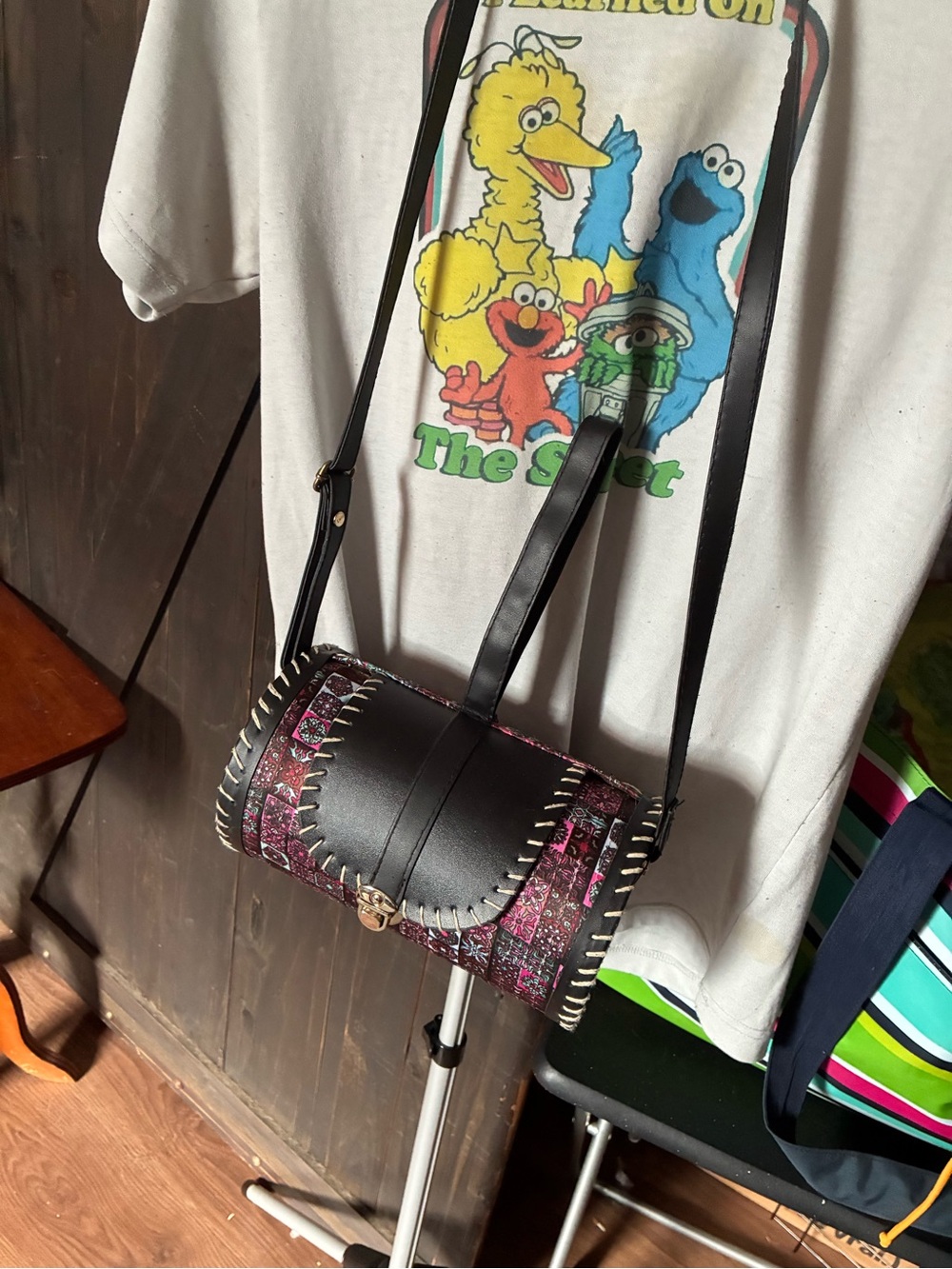 Hand Crafted Black Shoulder Barrel Bag with Pink Accents